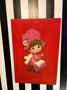 Original Vintage Wall Art  Big Eye Girl Strawberry Shortcake Esque Decor OOAK